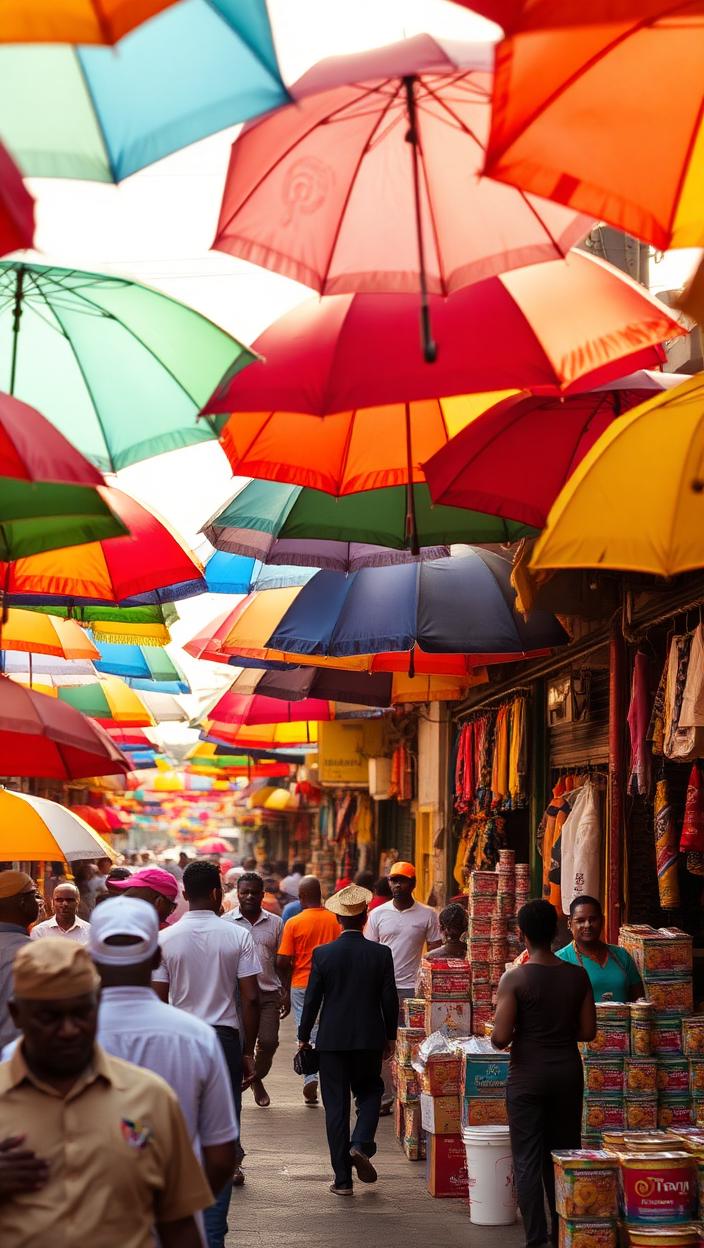 Accra market with vibrant umbrellas